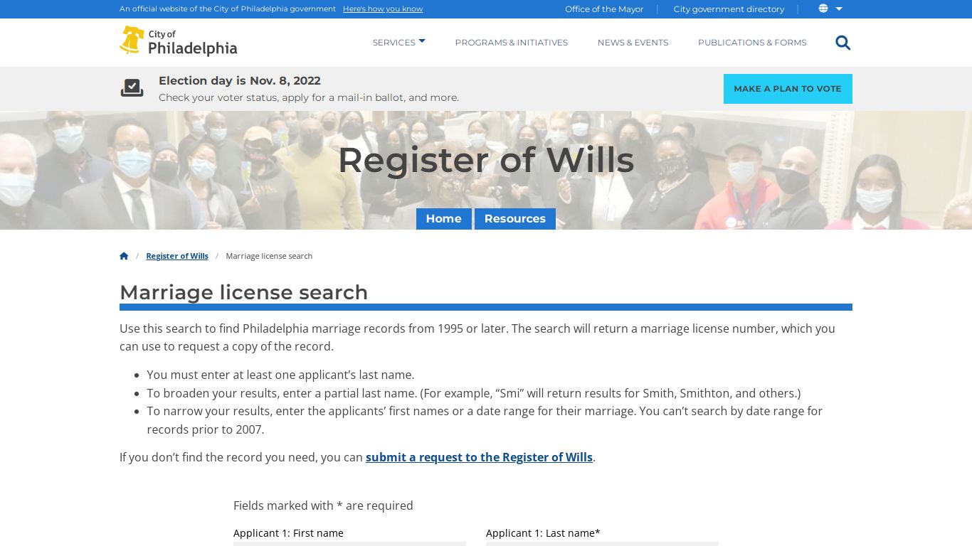 Marriage license search | Register of Wills | City of Philadelphia